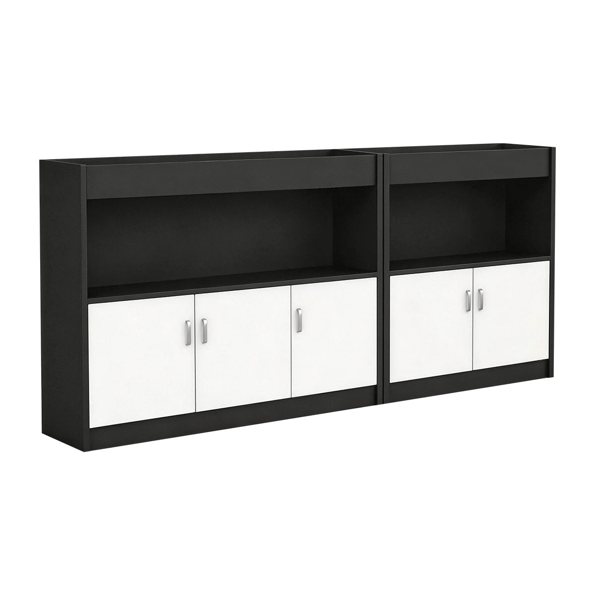 Scandinavian-Style Office Storage Cabinet with Open Cubbies and Wood-Tone Doors