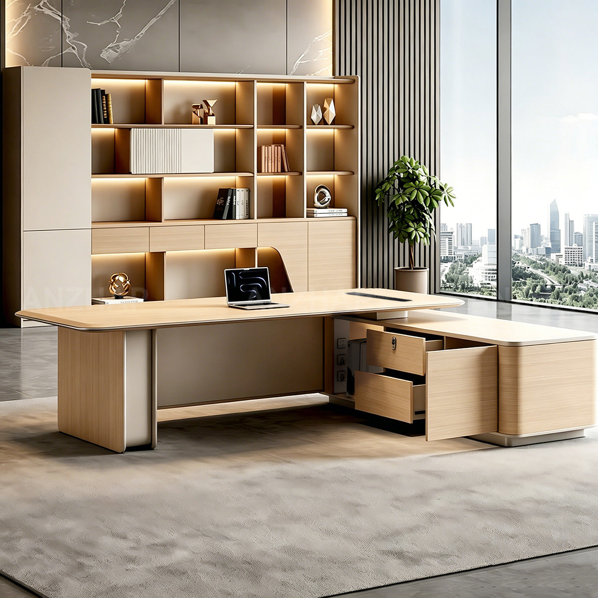 Electric Sit-Stand Executive Desk with Power, Storage & CPU Compartment