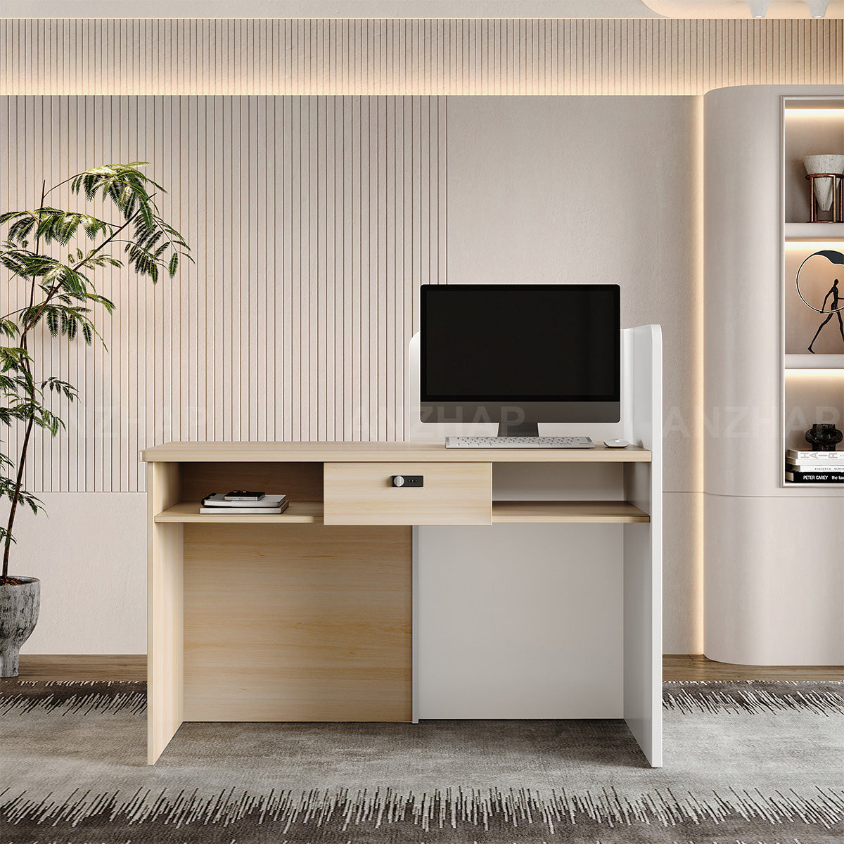 Elegant Reception Desk with Cable Management and Secure Storage for Offices