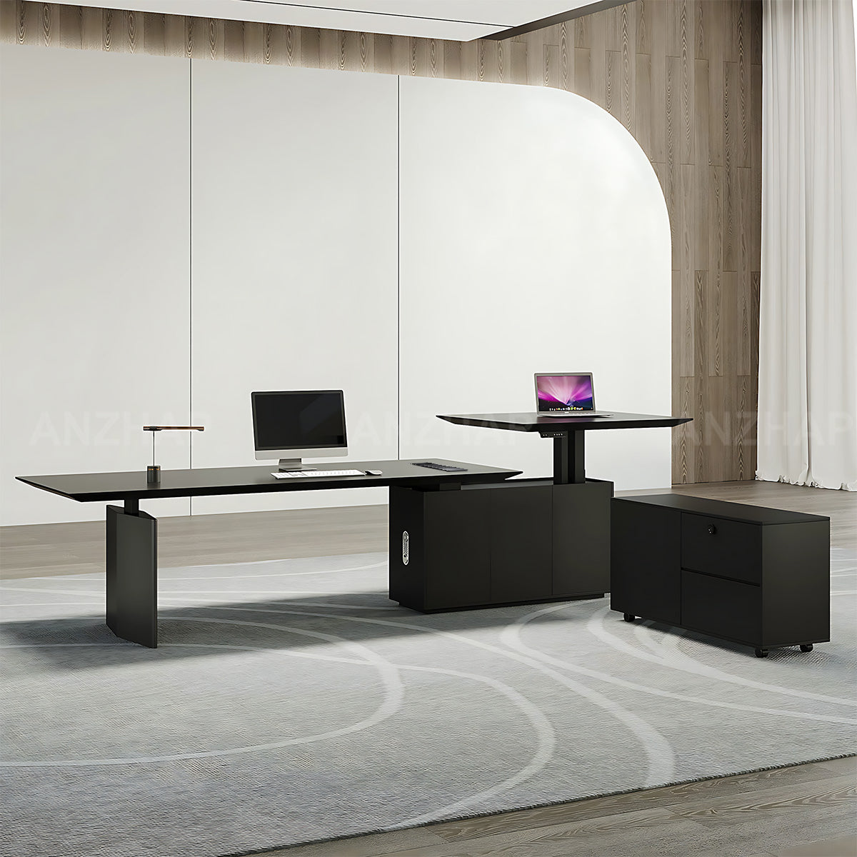 Electric Height-Adjustable Executive Desk with Wireless Charging and Fingerprint Storage