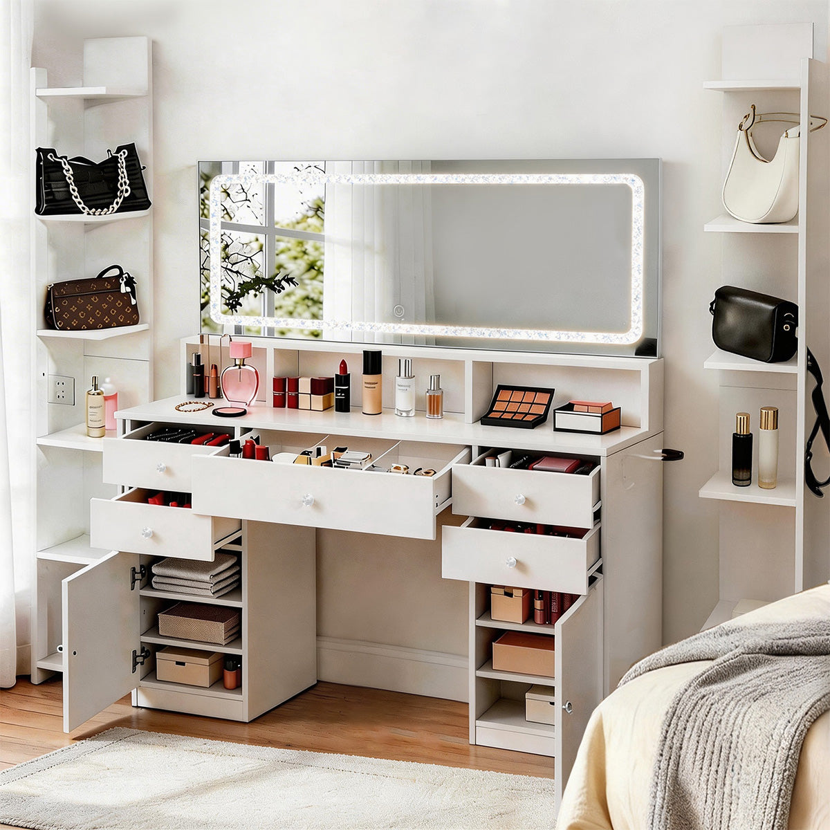 Modern LED Vanity Desk with Lighted Mirror & Storage Drawers（Stock Items）