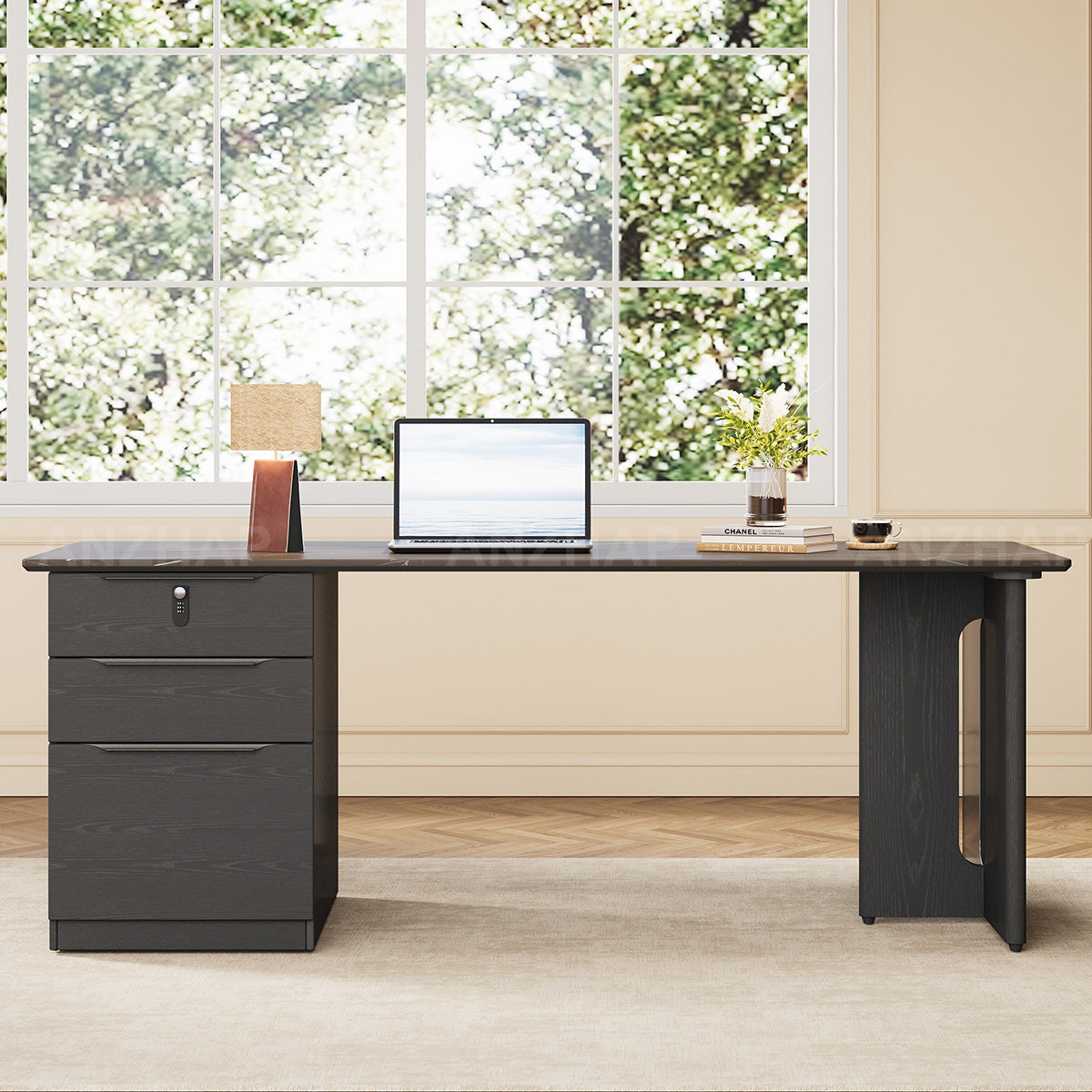 Office Desk, front and side view, for executive office workspace, modern executive office furniture