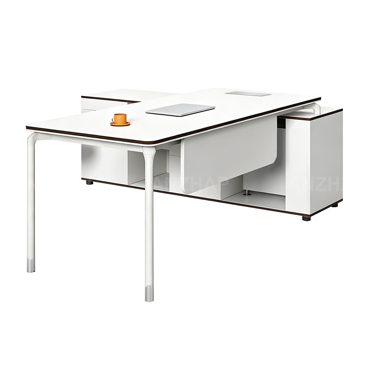 Modern Executive Desk with Built-In Power, Storage Cabinet, and Modesty Panel