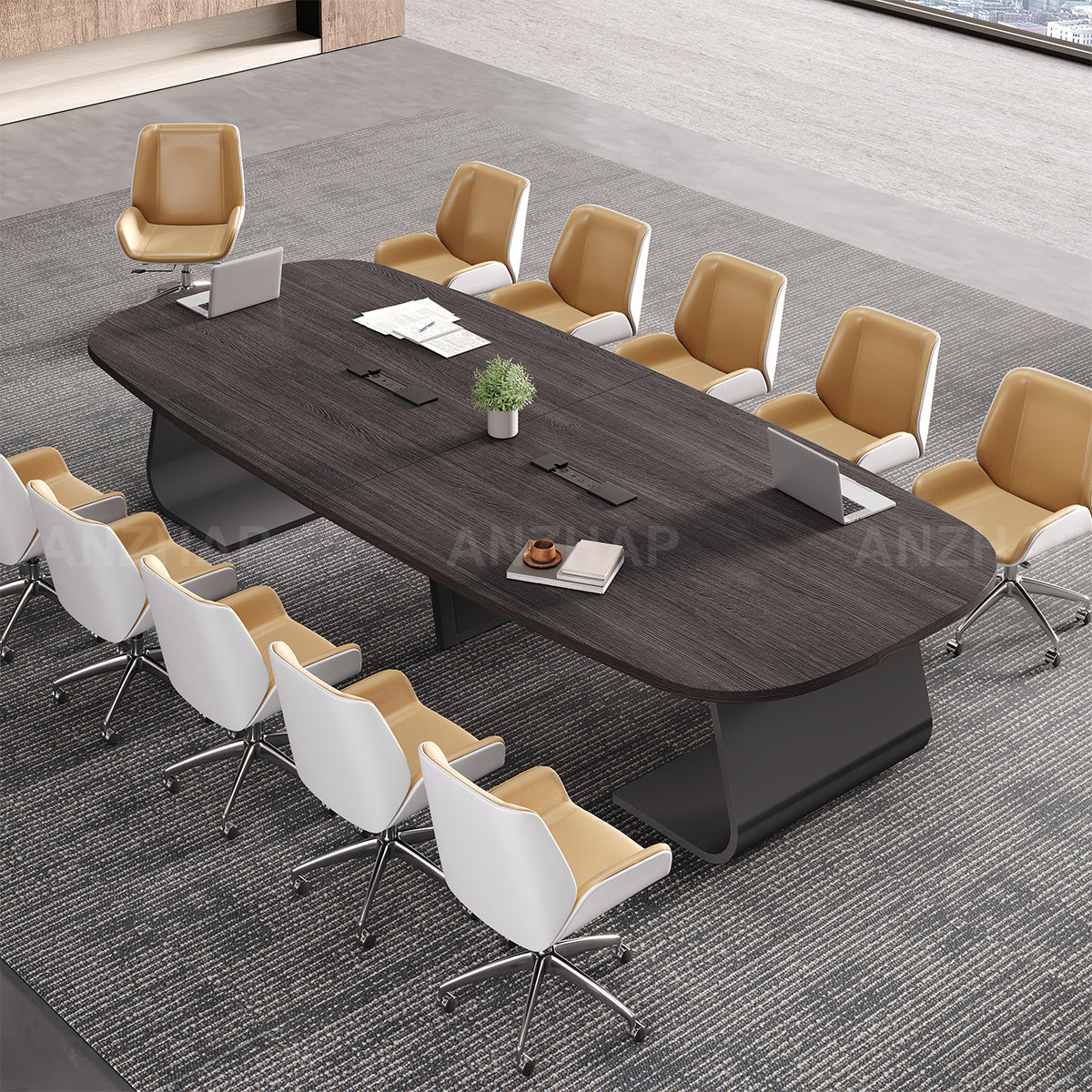 Executive Conference Table with Built-In Power Hub and Sculpted Stable Legs（Stock Items）