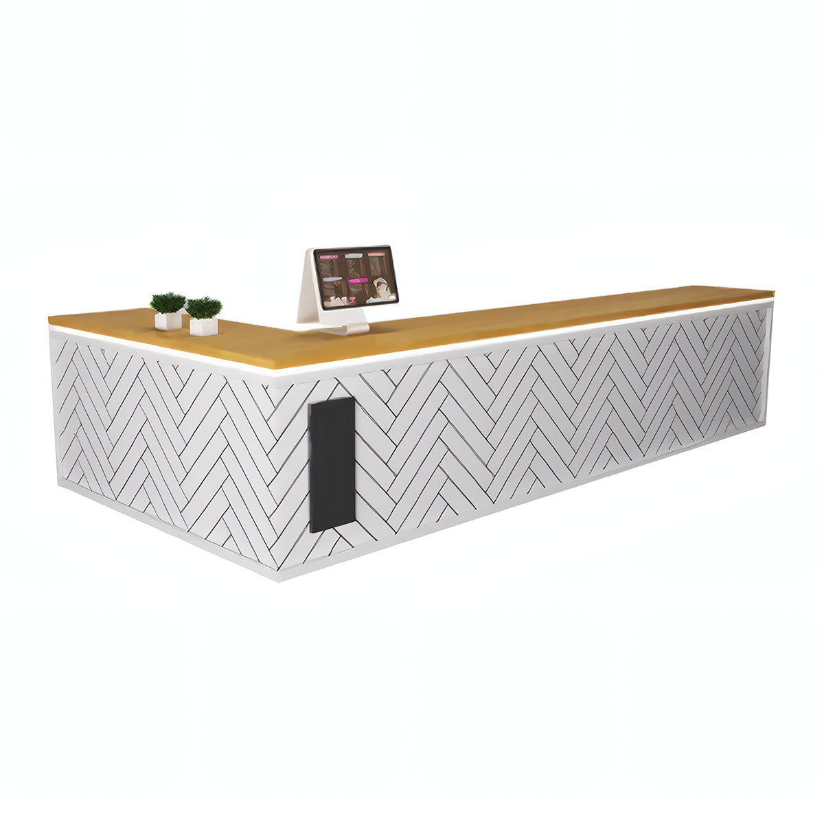 L-Shaped Reception Desk 63–102 in Wide with Ample Storage & Transaction Counter