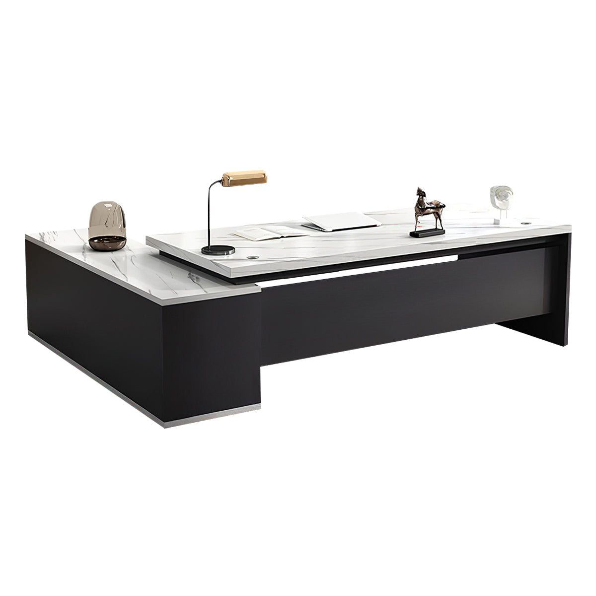 Modern L-Shaped Wood Grain Executive Desk with Storage Side Cabinet