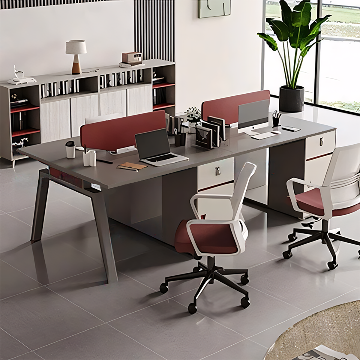 Stylish Minimalist Office Desk with Red Privacy Screen Design