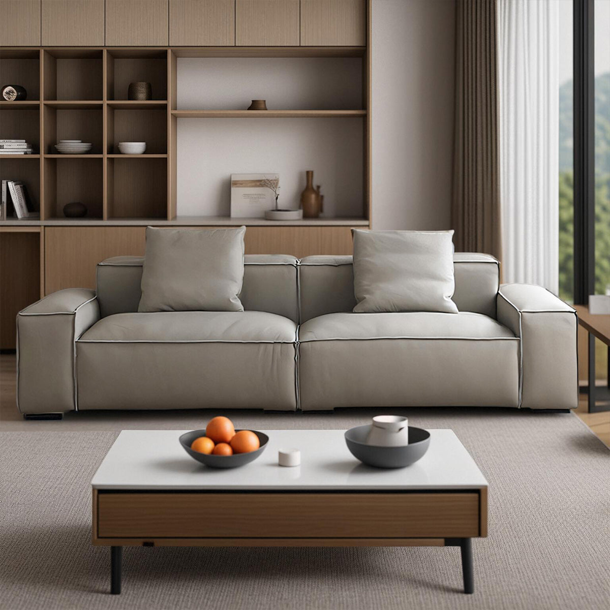 Leather Grey Sofa with Wide Armrests