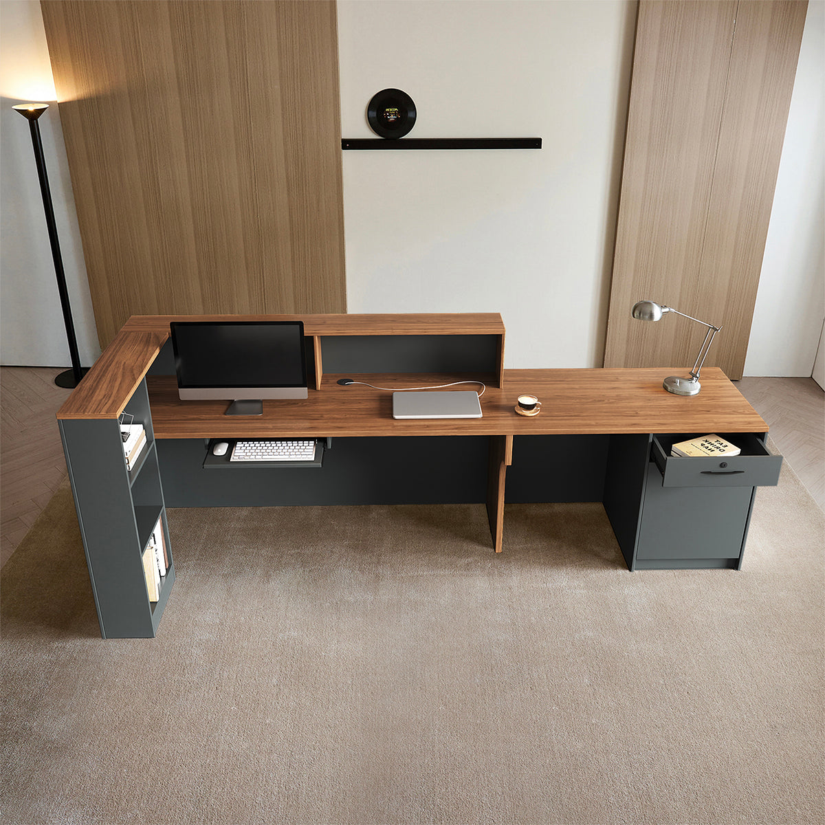 Reception Desk, front and side view, for reception area or front office, commercial reception furniture
