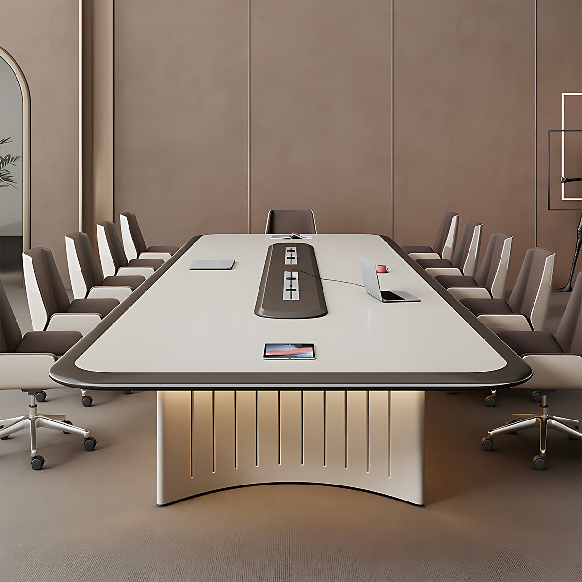 Modern Conference Table with Cable Management and LED Lighting