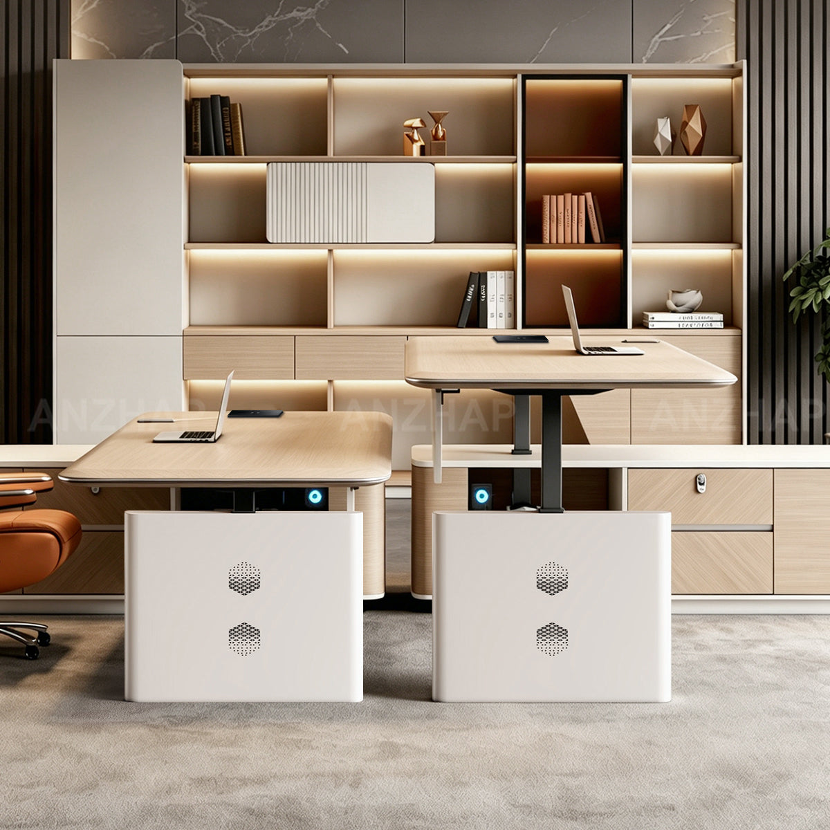 Height-Adjustable Executive Desk with Built-In Power and Side Storage Cabinet