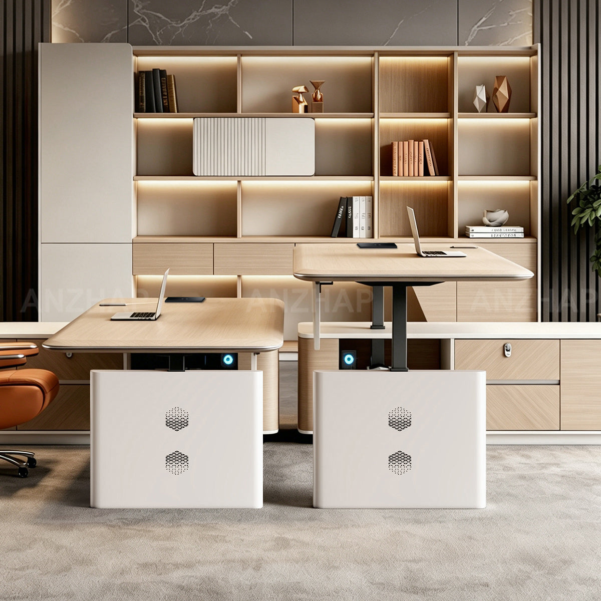 Anzhap height-adjustable executive desk with side storage cabinet, desktop and workspace layout