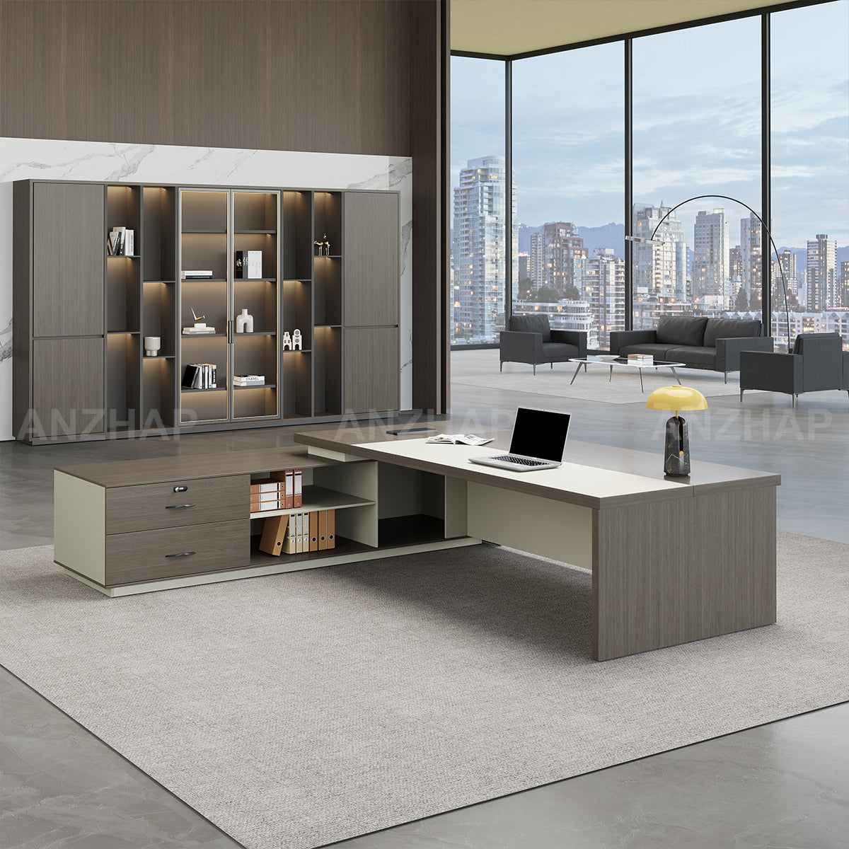Minimalist Modern L-Shaped Executive Desk with Large Side Credenza and LED Lighting（Stock Items）