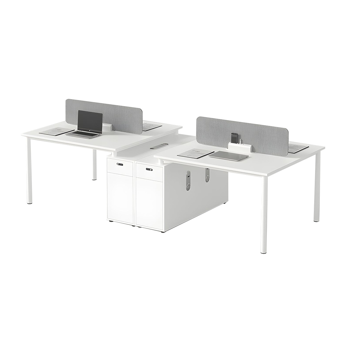 Modern White Office Desk with Gray Privacy Panel Lockable Storage