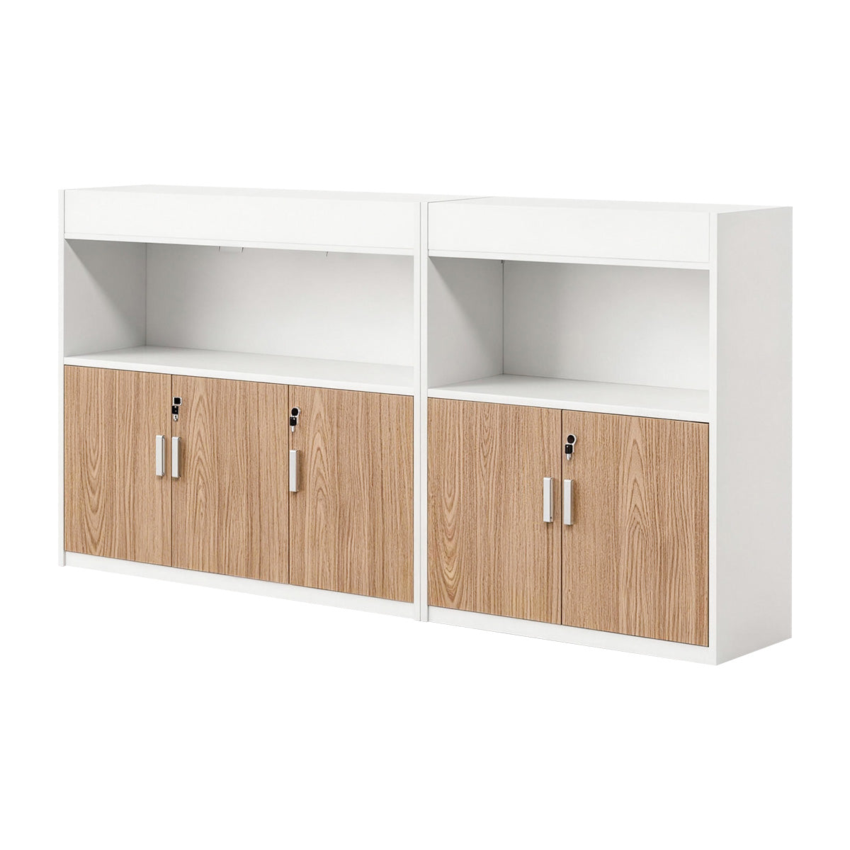Scandinavian-Style Office Storage Cabinet with Open Cubbies and Wood-Tone Doors