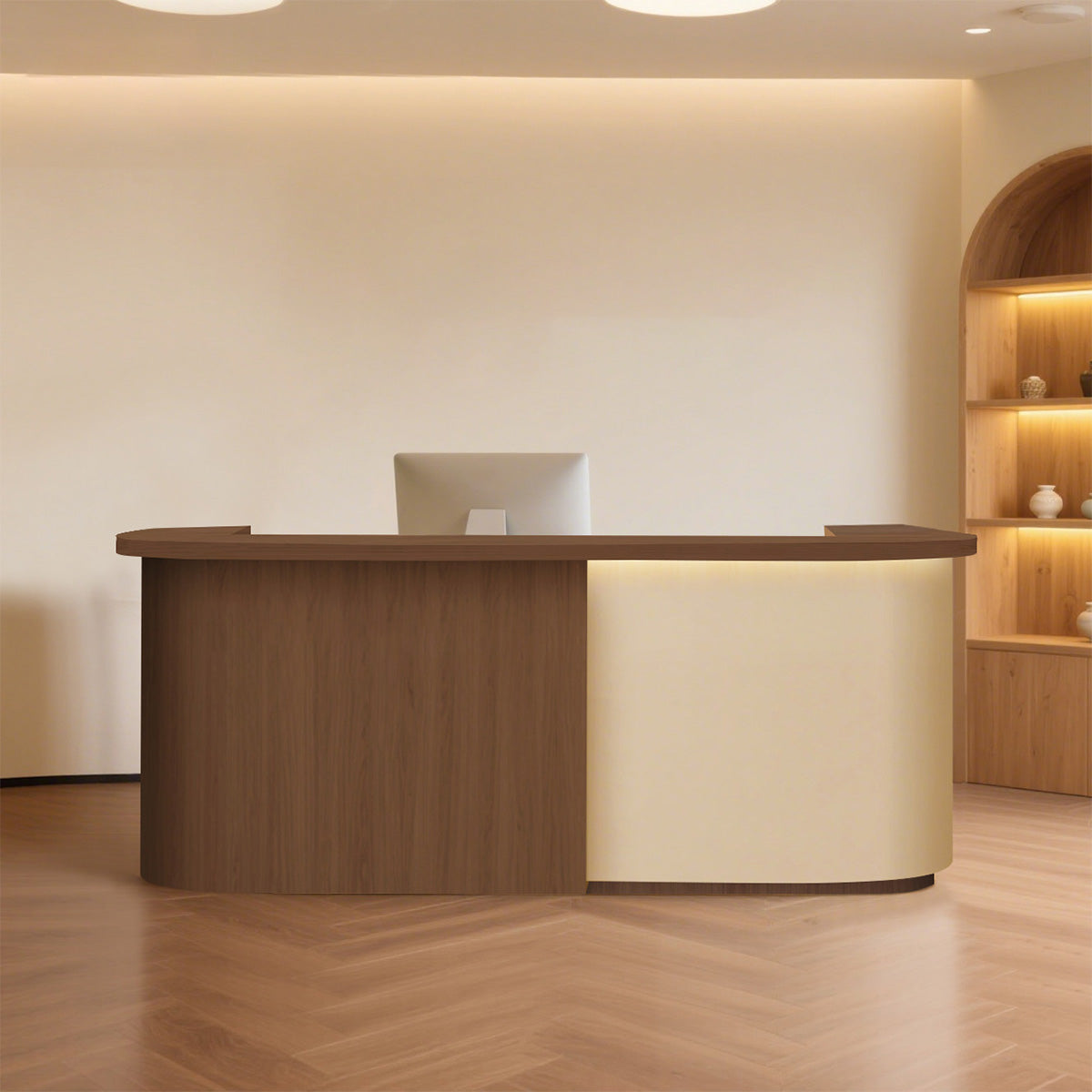 Modern Two-Tone Reception Desk with LED Accent Lighting & Storage for Front Desk Areas