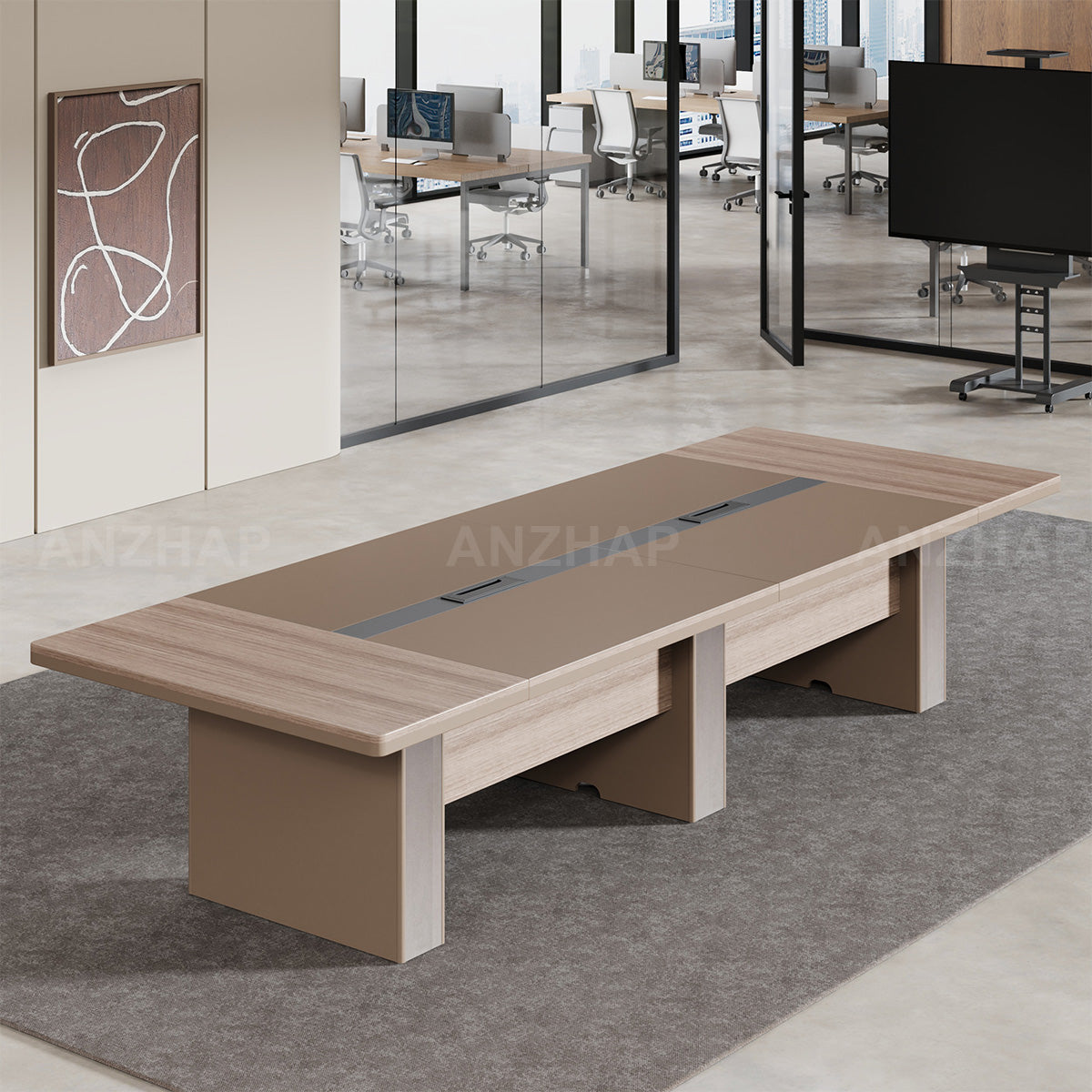 Modern Rectangular Conference Table with Wooden Base