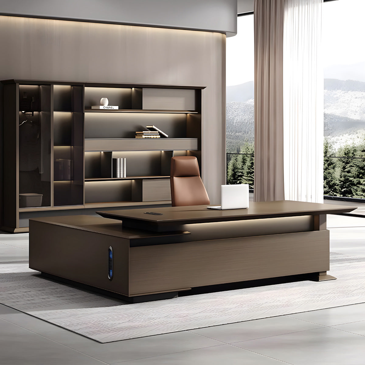 Italian-Style Luxurious Dark Brown L-Shaped Executive Desk with Spacious Desktop Design