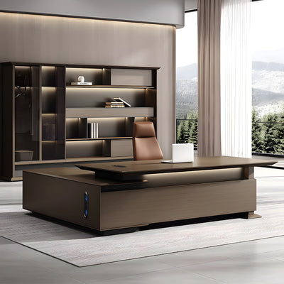 Italian-Style Luxurious Dark Brown L-Shaped Executive Desk with Spacious Desktop Design