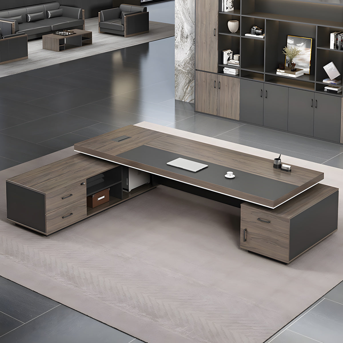 Modern L-shaped Executive Desks with Side Storage Cabinet