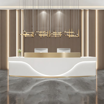 Stainless Steel China Curved Reception Desk with LED Lights, Cabinets, and Drawers for Hotels and Offices（Stock Items）