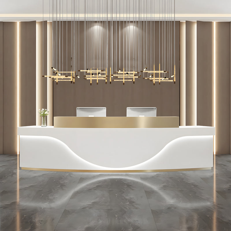 Stainless Steel China Curved Reception Desk with LED Lights, Cabinets, and Drawers for Hotels and Offices