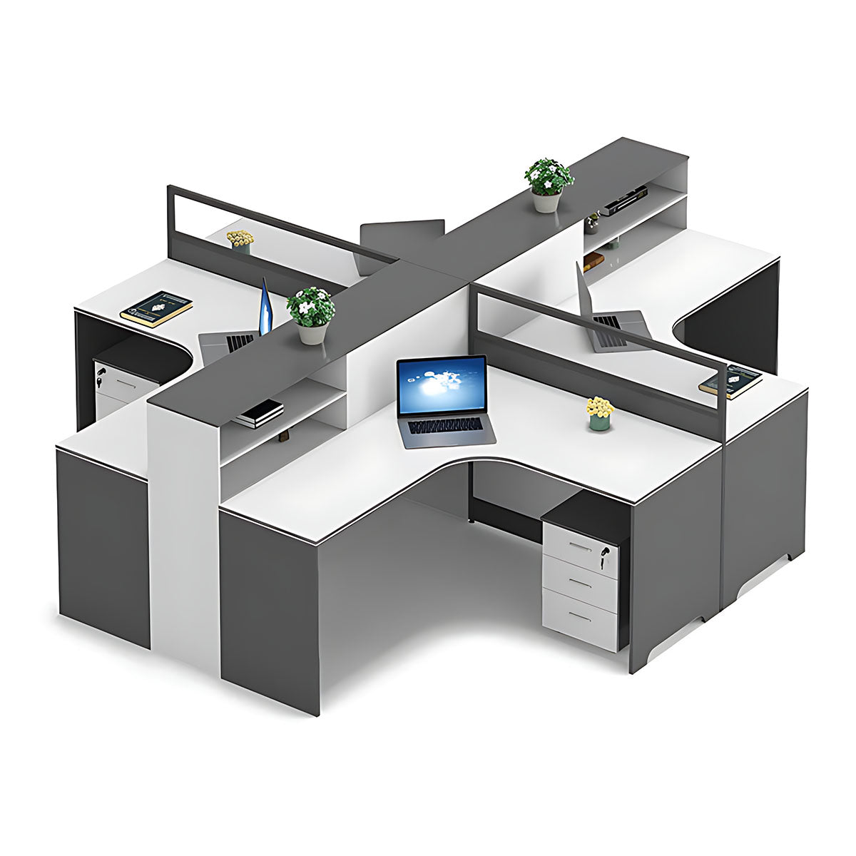 Modern L-Shaped Office Desk with Integrated Shelving & Partition Panels