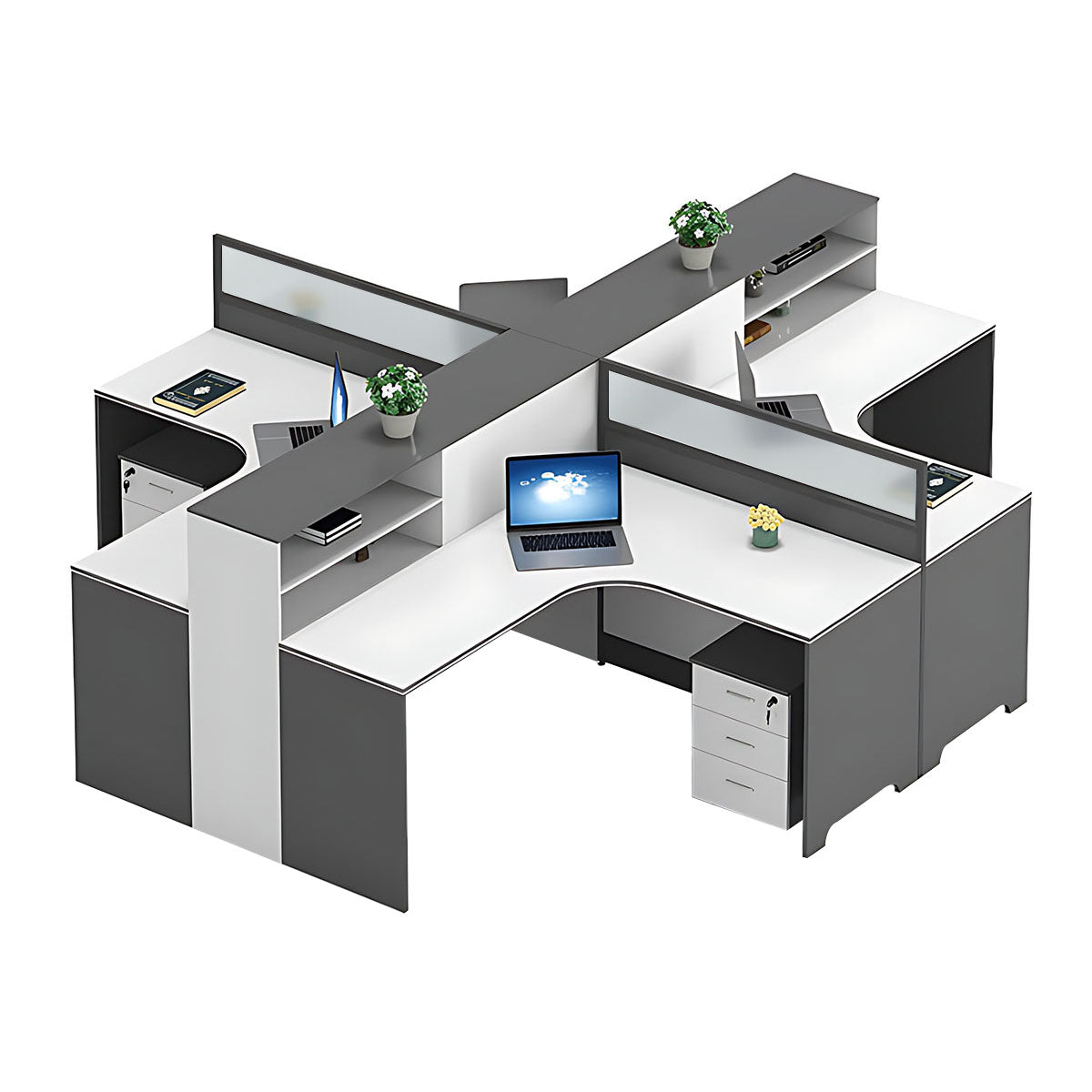 Modern L-Shaped Office Desk with Integrated Shelving & Partition Panels