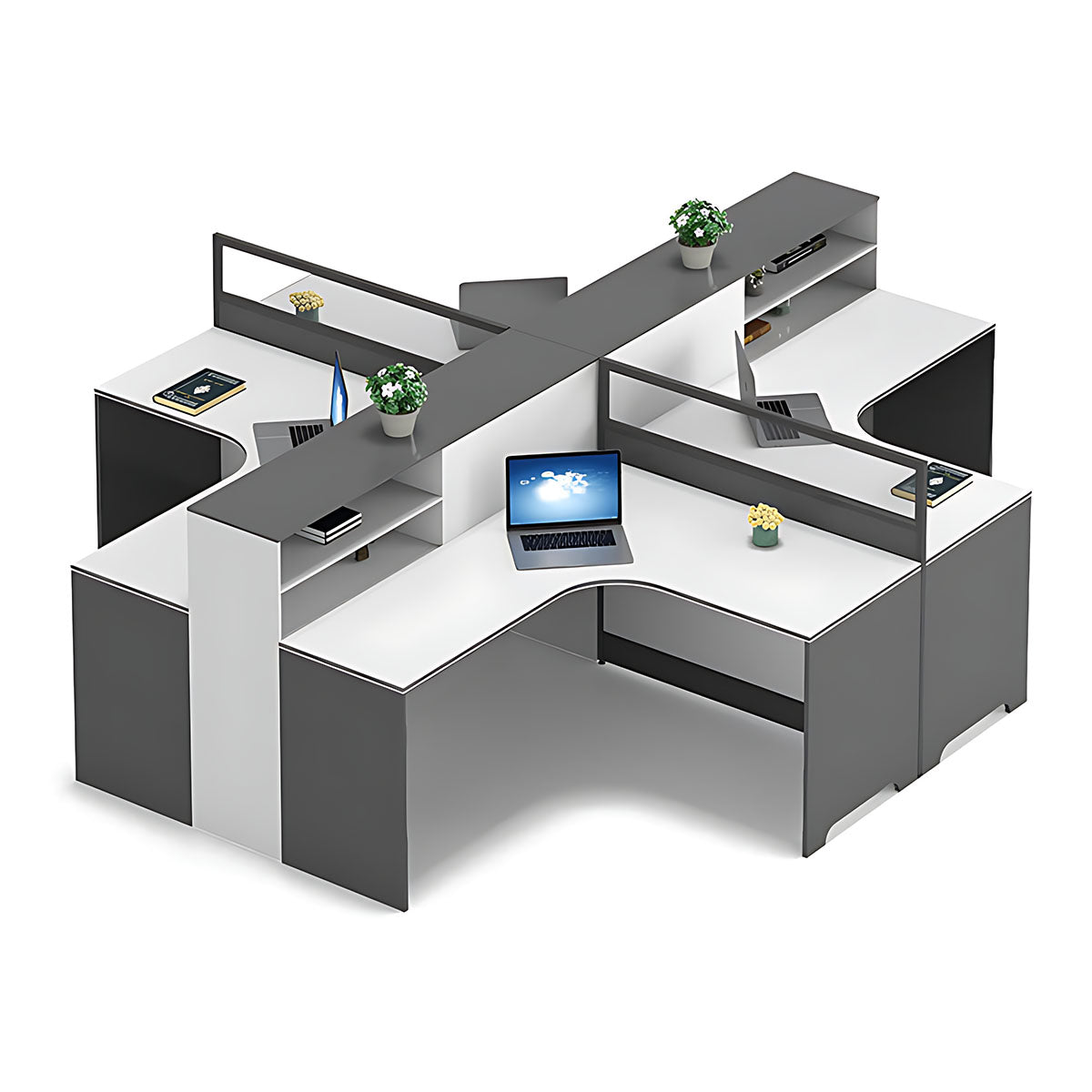 Modern L-Shaped Office Desk with Integrated Shelving & Partition Panels