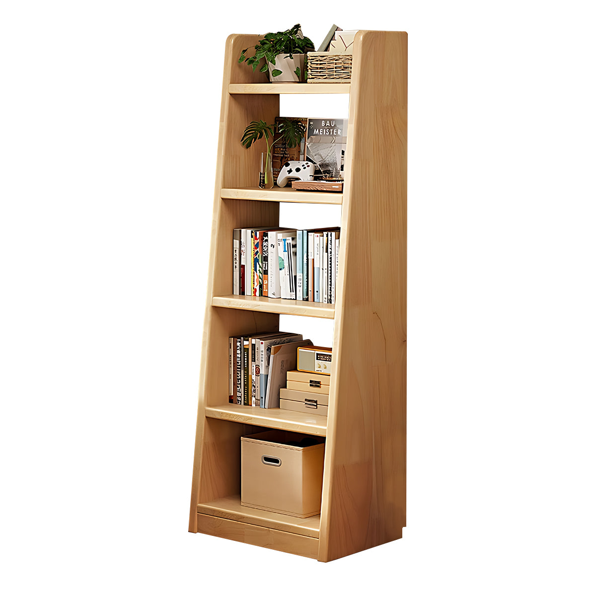 Minimalist Pine Wood Bookshelf Modern Storage Stable Design Trapezoidal