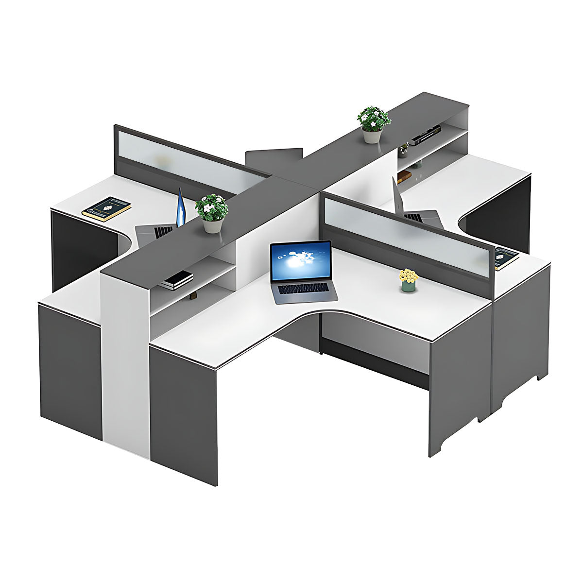 Modern L-Shaped Office Desk with Integrated Shelving & Partition Panels