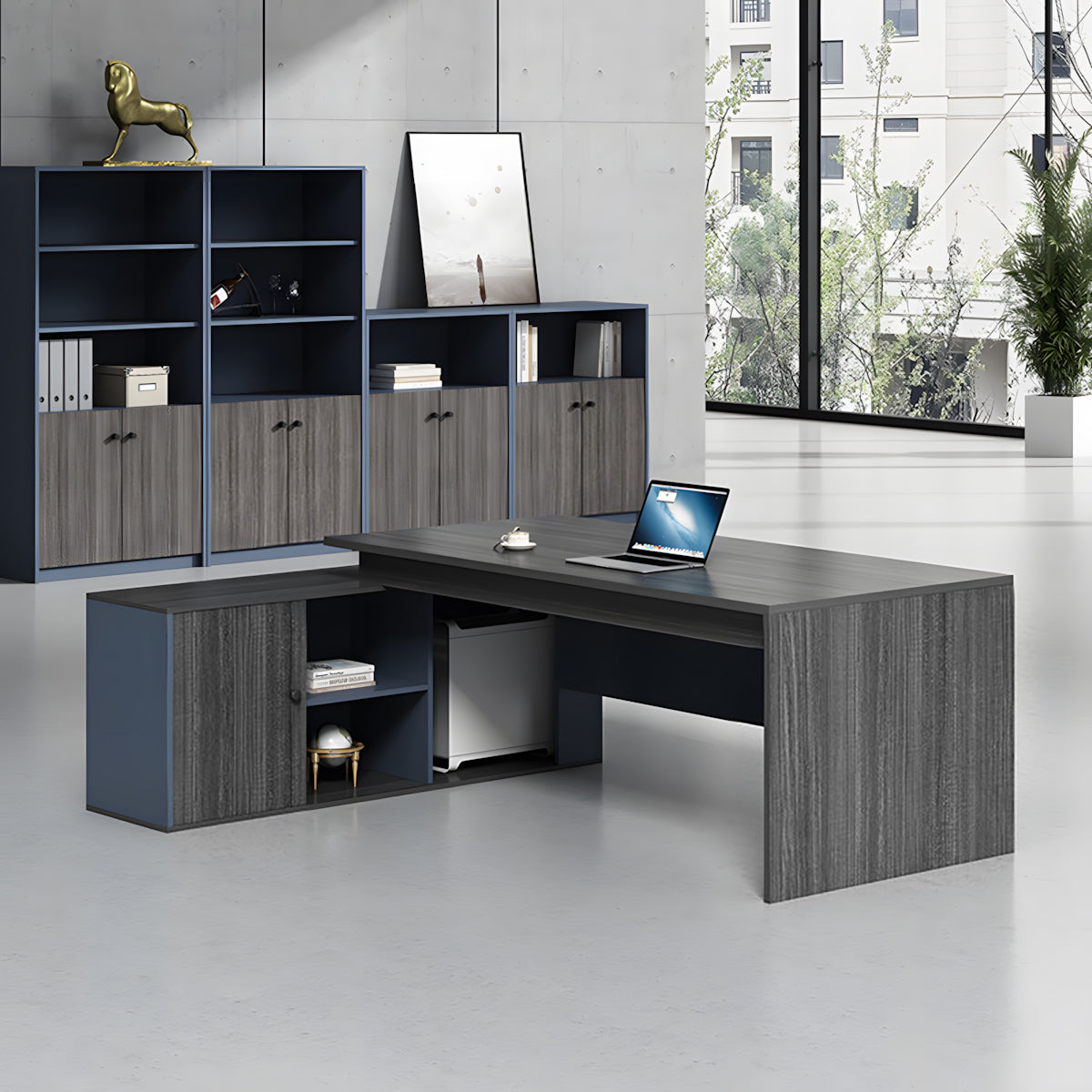 L-Shaped Executive Desk, front and side view, for executive office workspace, modern executive office furniture