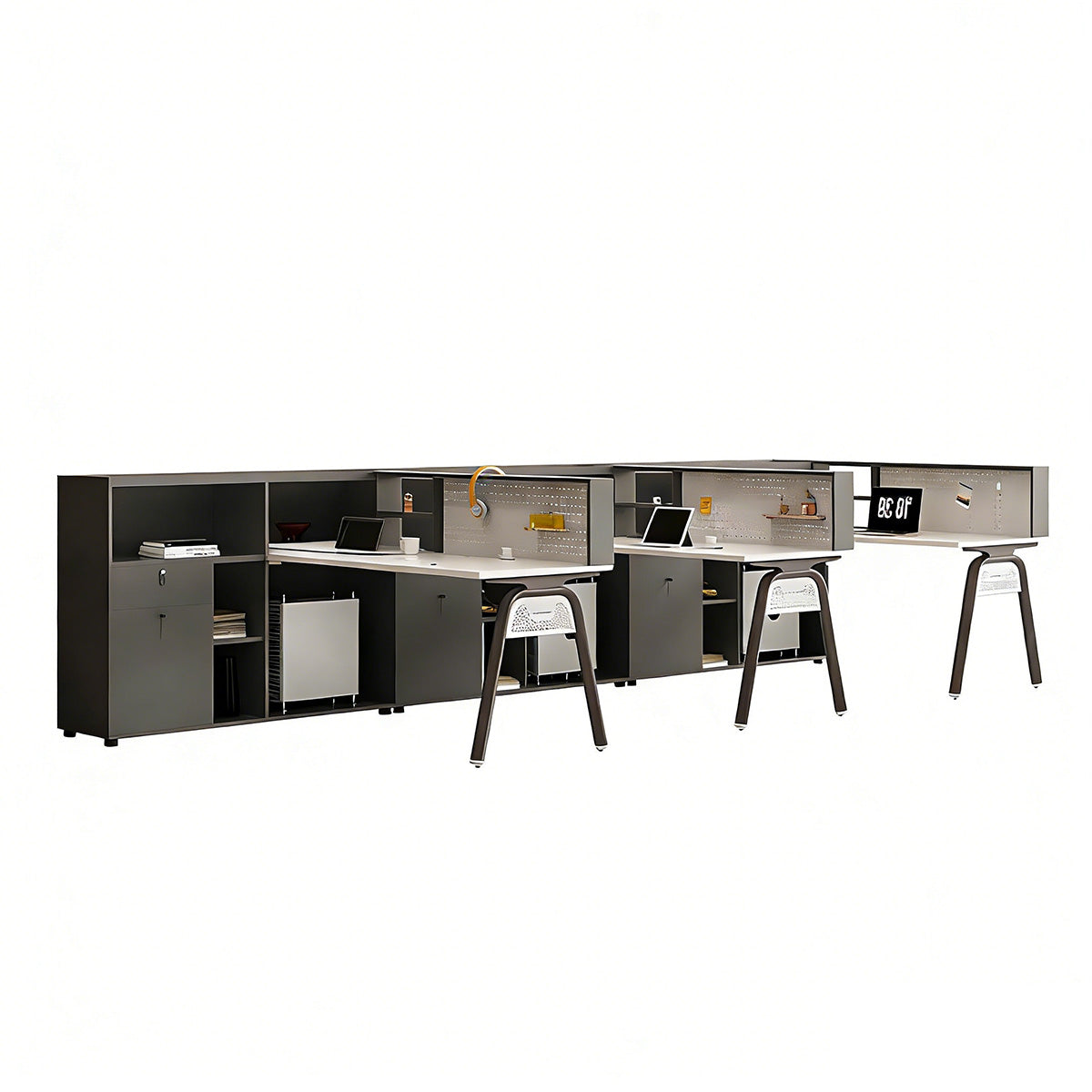Sleek Office Desk with Integrated Power, Storage & Pegboard