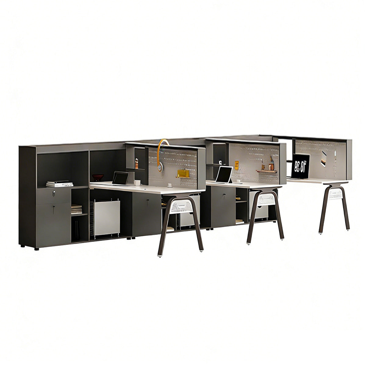Office Desk, F-Shape 3-Person, L142" x W59" x H43", for executive office workspace, modern executive office furniture
