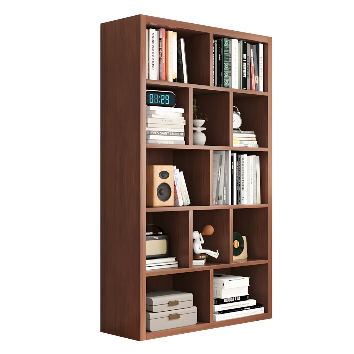 Bookshelf, Walnut Single Bookcase 5-Tier 12-Cube, Walnut finish, L35" x W12" x H59", for office storage space, office storage furniture