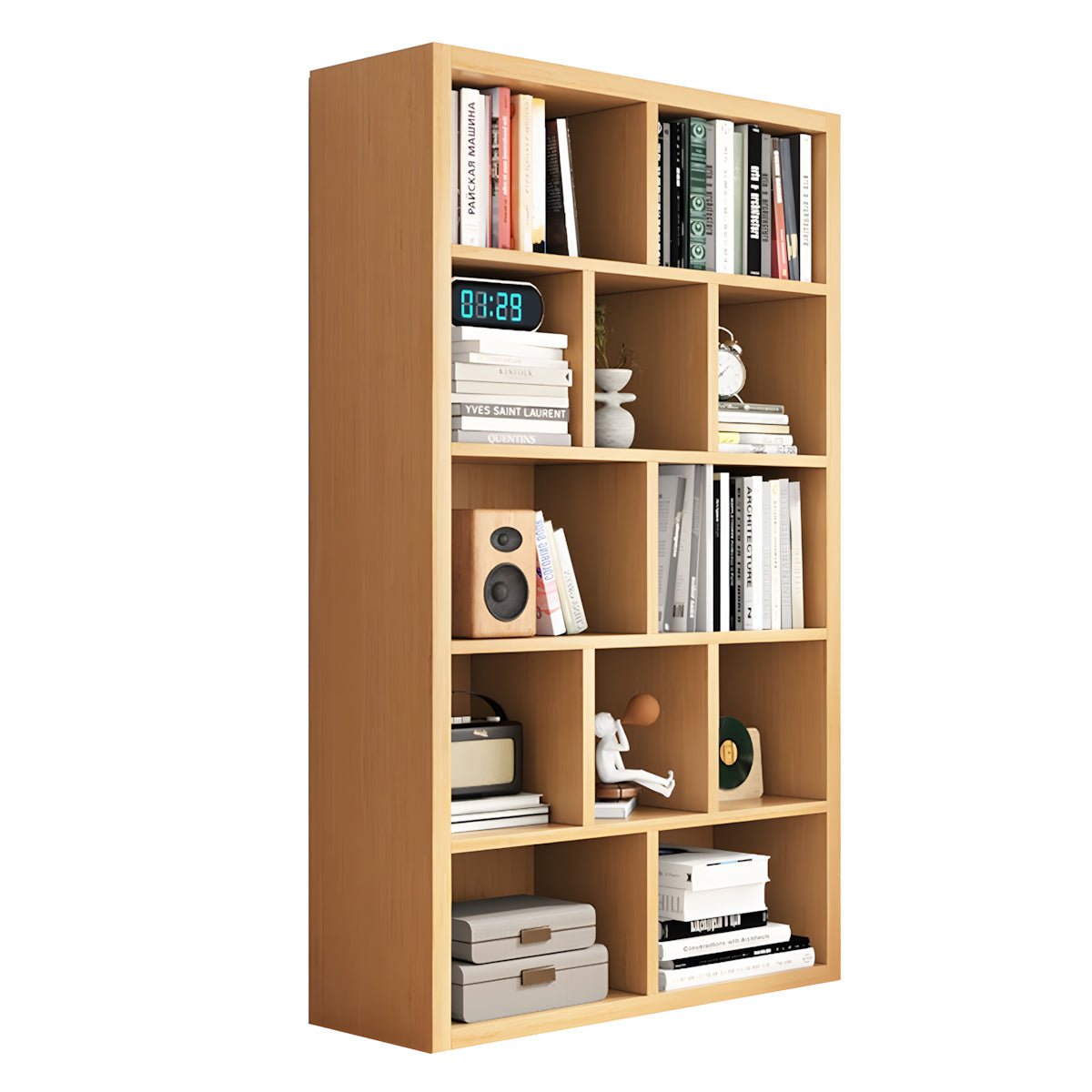 Bookshelf, Natural Single Bookcase 5-Tier 12-Cube, Natural finish, L35" x W12" x H59", for office storage space, office storage furniture