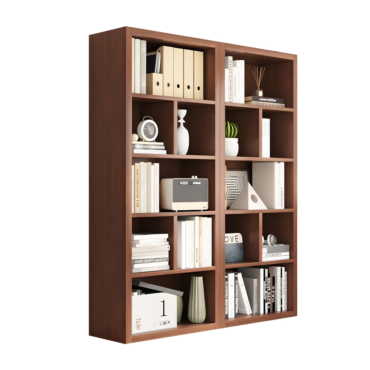 Bookshelf, Walnut Modular Bookcase 5-Tier 14-Cube, Walnut finish, L47" x W12" x H59", for office storage space, office storage furniture