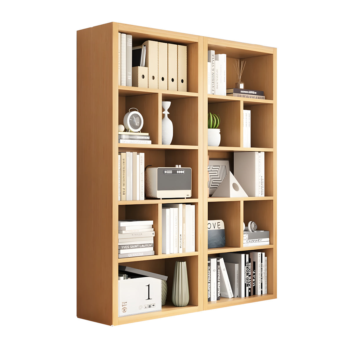 Bookshelf, Natural Modular Bookcase 5-Tier 14-Cube, Natural finish, L47" x W12" x H59", for office storage space, office storage furniture