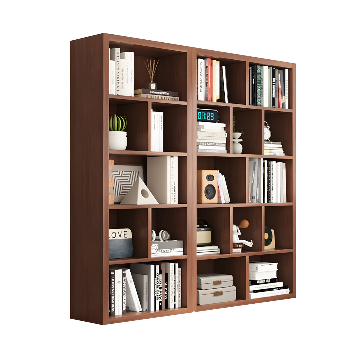 Bookshelf, Walnut Modular Bookcase 5-Tier 19-Cube, Walnut finish, L59" x W12" x H59", for office storage space, office storage furniture