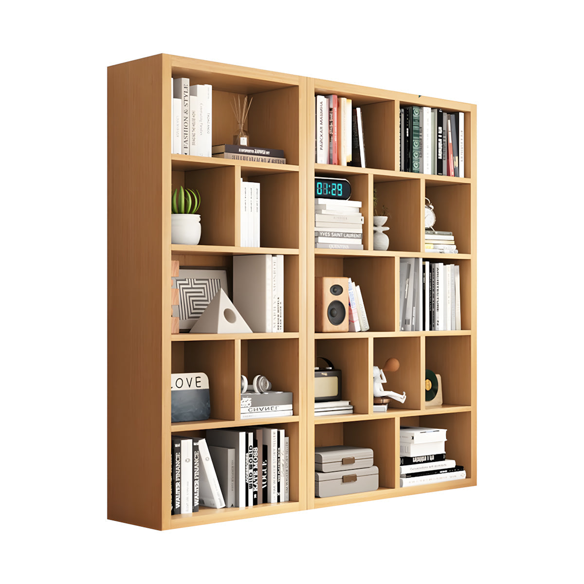 Bookshelf, Natural Modular Bookcase 5-Tier 19-Cube, Natural finish, L59" x W12" x H59", for office storage space, office storage furniture