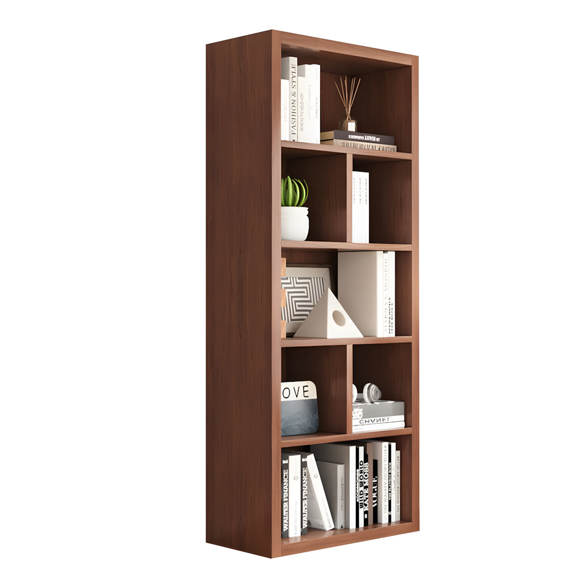 Bookshelf, Walnut Single Bookcase 5-Tier 7-Cube, Walnut finish, L24" x W12" x H59", for office storage space, office storage furniture