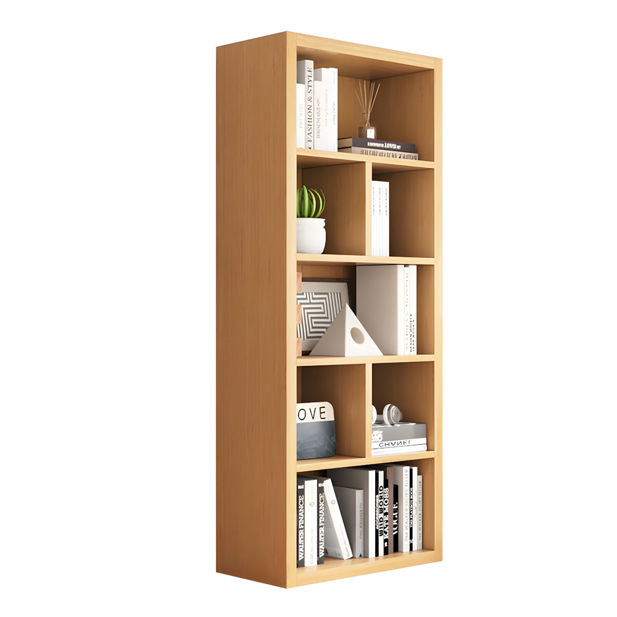 Bookshelf, Natural Single Bookcase 5-Tier 7-Cube, Natural finish, L24" x W12" x H59", for office storage space, office storage furniture