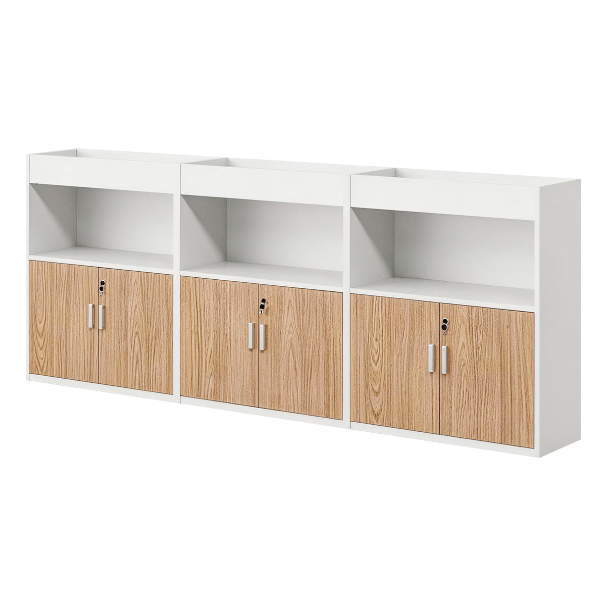 Scandinavian-Style Office Storage Cabinet with Open Cubbies and Wood-Tone Doors