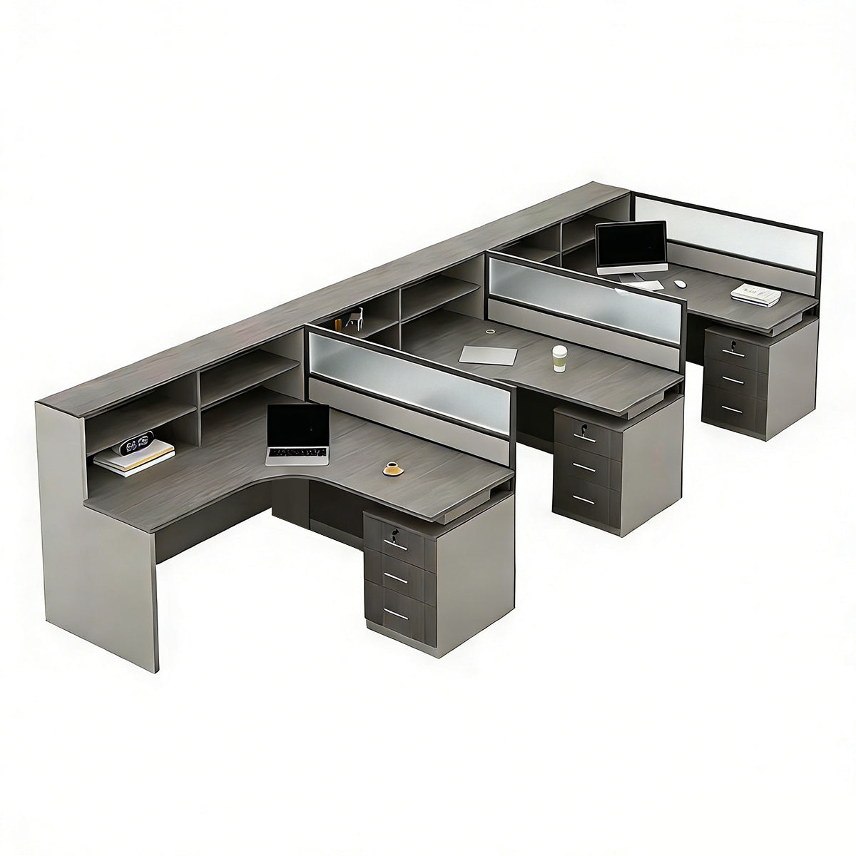 Minimalist Desk with Screen Dividers and High Cabinets