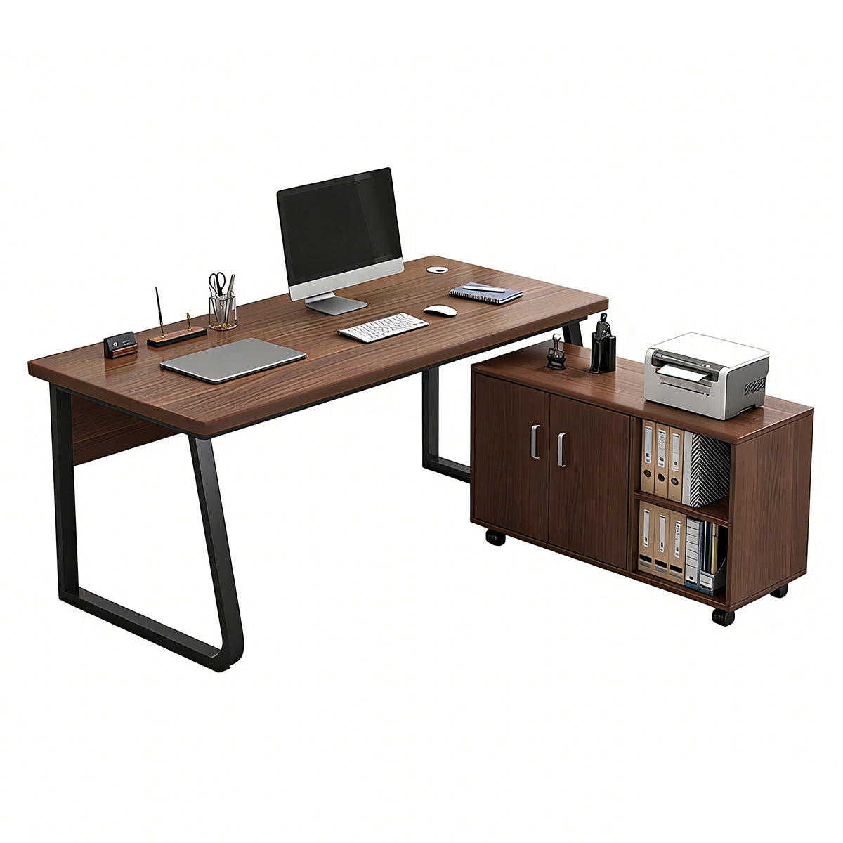 Sturdy Office Desk with Mobile Side Cabinet and Steel Legs for Workspace