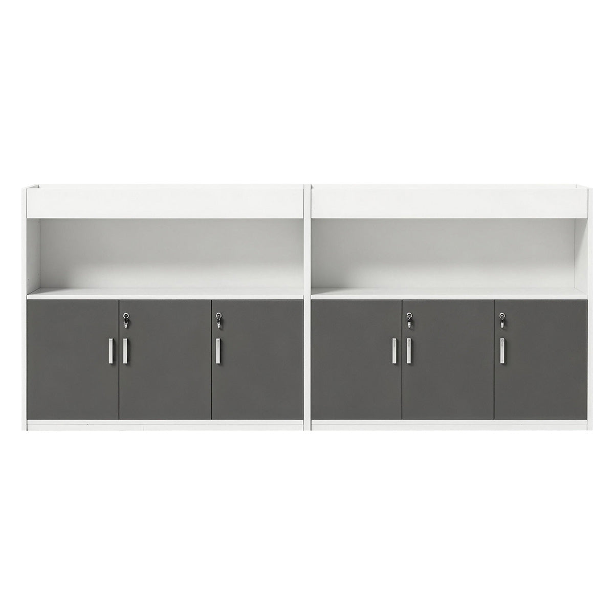Scandinavian-Style Office Storage Cabinet with Open Cubbies and Wood-Tone Doors