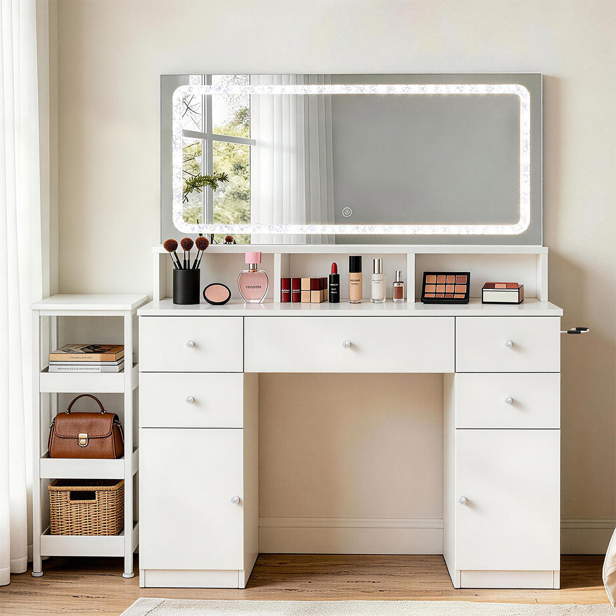 Modern LED Vanity Desk with Lighted Mirror & Storage Drawers（Stock Items）
