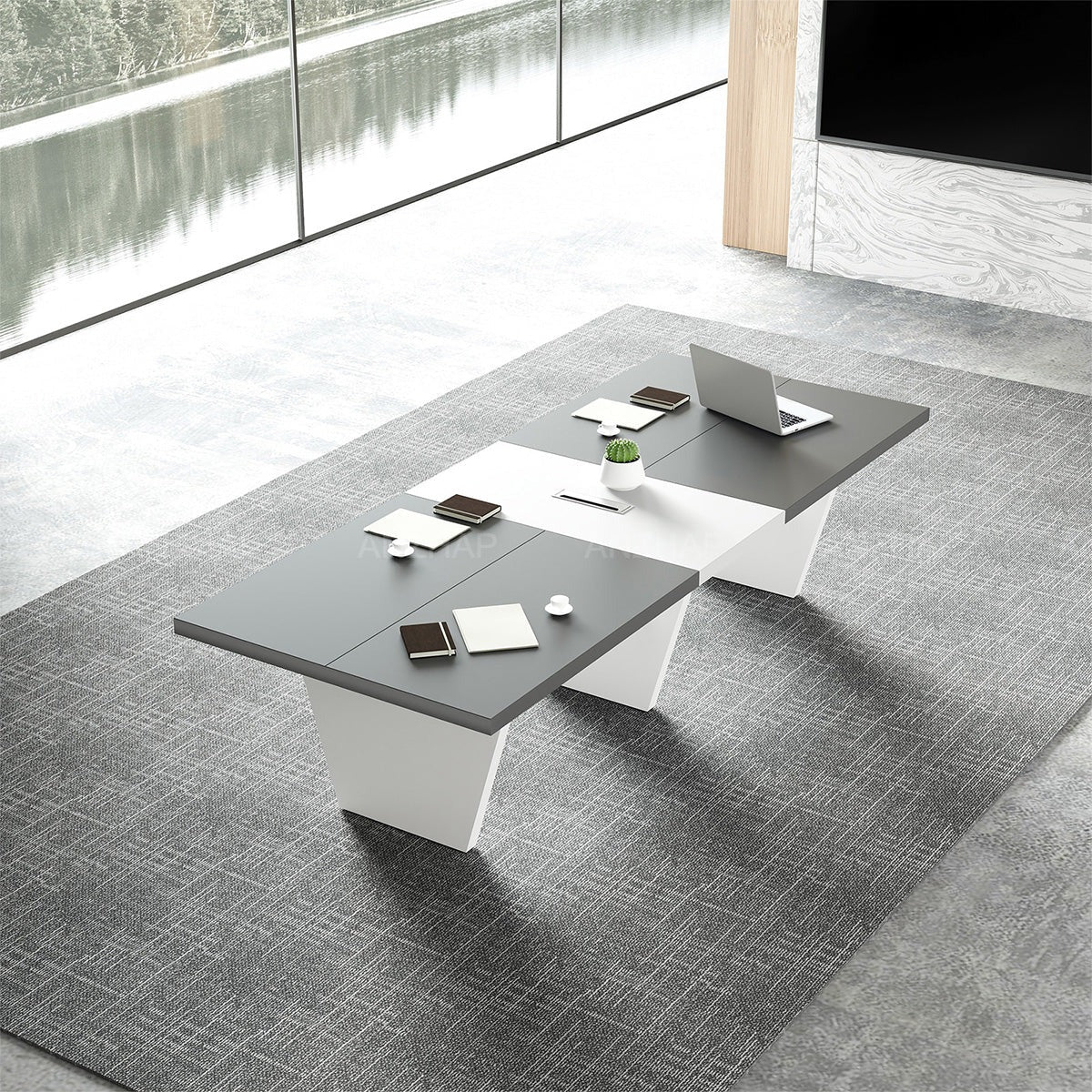 Modern Two-Tone Rectangular Conference Table with Architectural Legs
