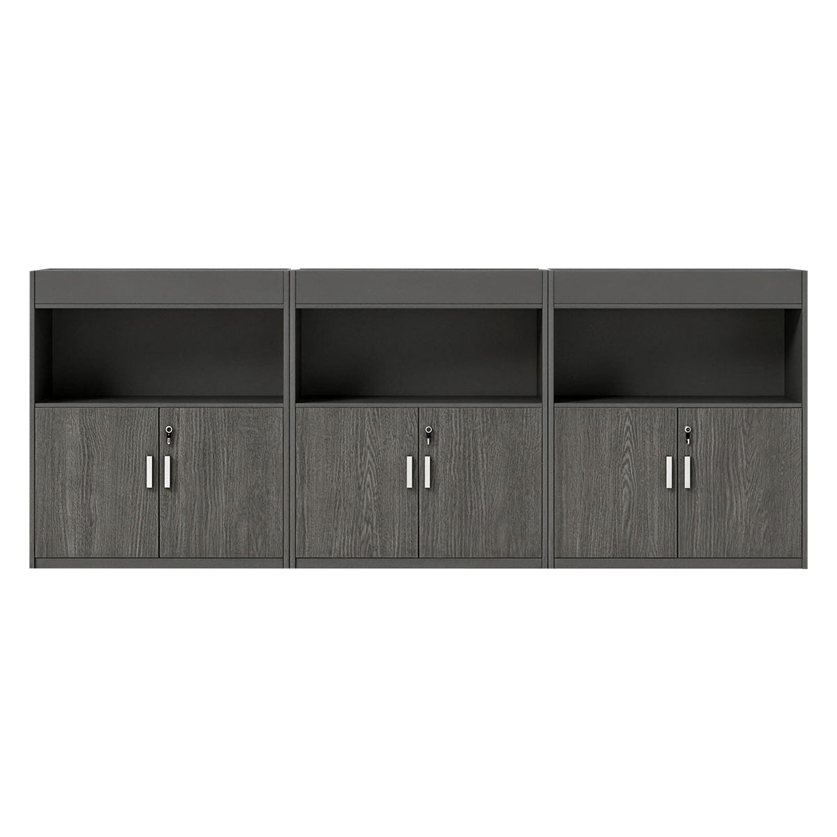 Scandinavian-Style Office Storage Cabinet with Open Cubbies and Wood-Tone Doors