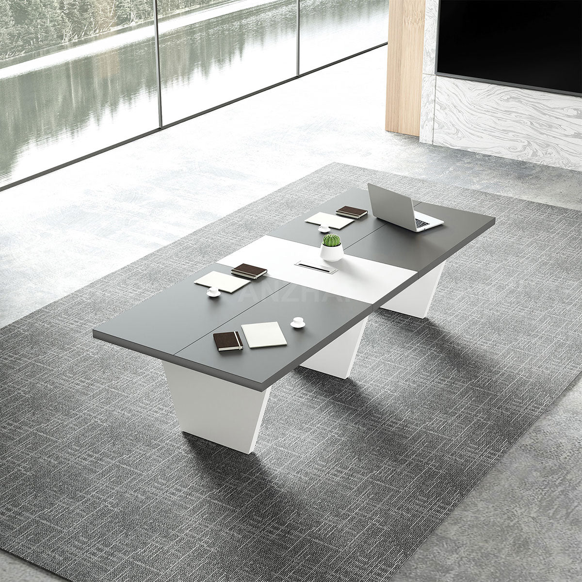 Modern Two-Tone Rectangular Conference Table with Architectural Legs